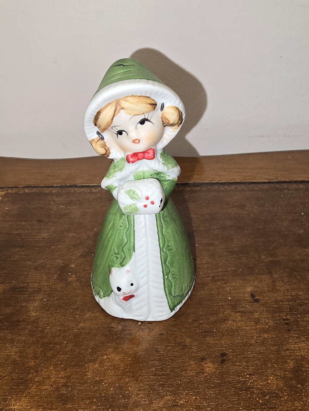 Vintage 1978 Jasco Christmas Bell Figurine Green Coat Girl Ceramic Holiday Decor